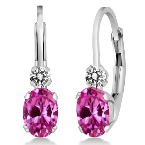 18K White Gold with 1.07 Cttw Pink Sapphire and Diamond Leverback Drop Earrings - Picture 1 of 5